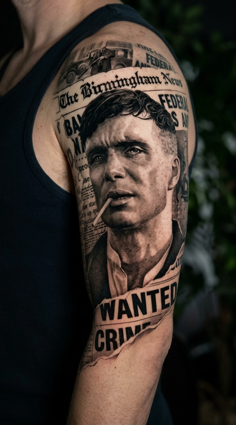Тату портрет Томаса Шелби Peaky Blinders с сигаретой на плече — чёрно-серый реализм газетные вырезки тату Москва